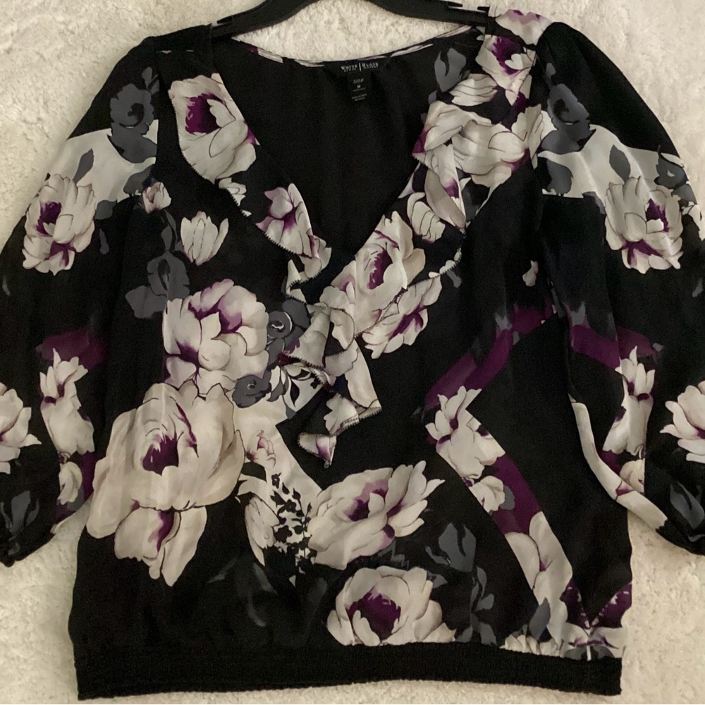 White House Black Market Ladies Blouse Sheer Black and Purple Floral Size Med
